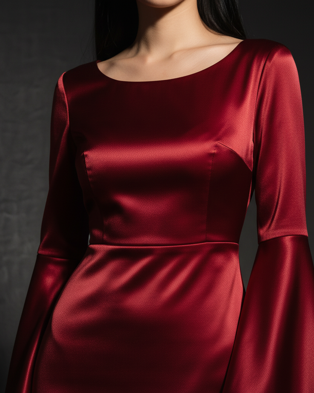 Satin Kleid Red - Satin Abendkleid Flatteraermel Bordeaux - Lang Elegant - Ansicht 4