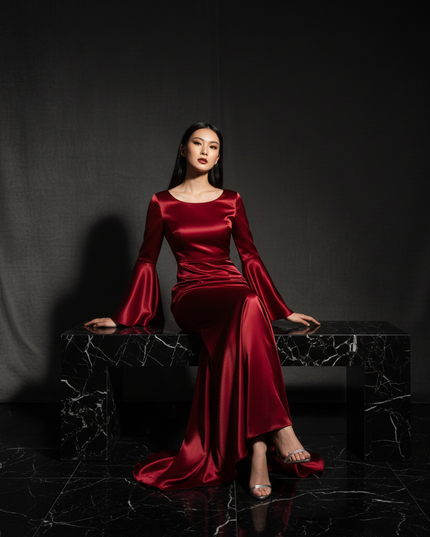 Satin Kleid Red - Satin Abendkleid Flatteraermel Bordeaux - Lang Elegant - Ansicht 5
