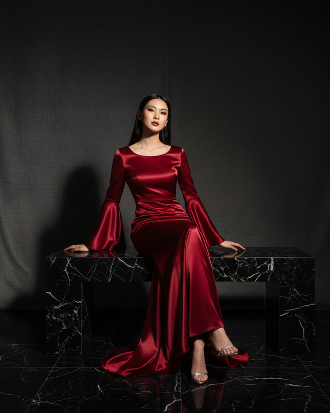 Satin Kleid Red - Satin Abendkleid Flatteraermel Bordeaux - Lang Elegant - Ansicht 5