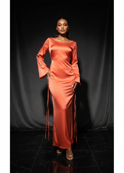 Satin Kleid Orange - Satin Abendkleid Flatteraermel Braun - Slim Lang Elegant - Ansicht 1