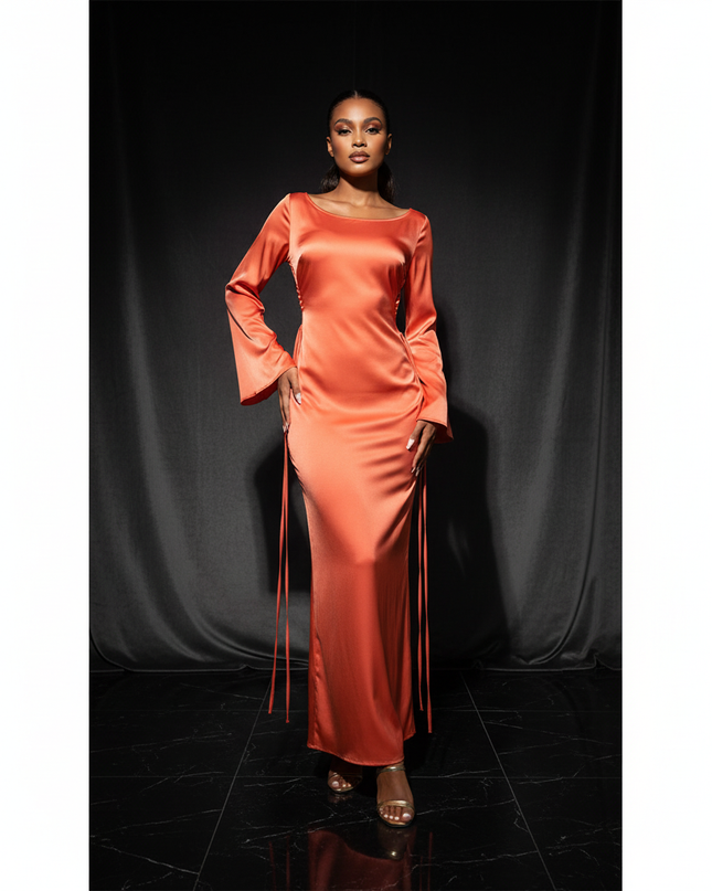 Satin Kleid Orange - Satin Abendkleid Flatteraermel Braun - Slim Lang Elegant - Ansicht 1