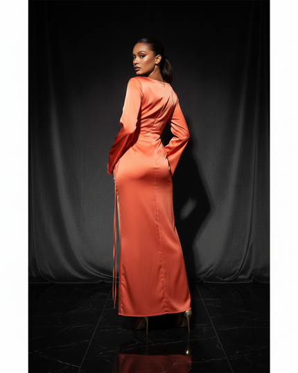 Satin Kleid Orange - Satin Abendkleid Flatteraermel Braun - Slim Lang Elegant - Ansicht 2