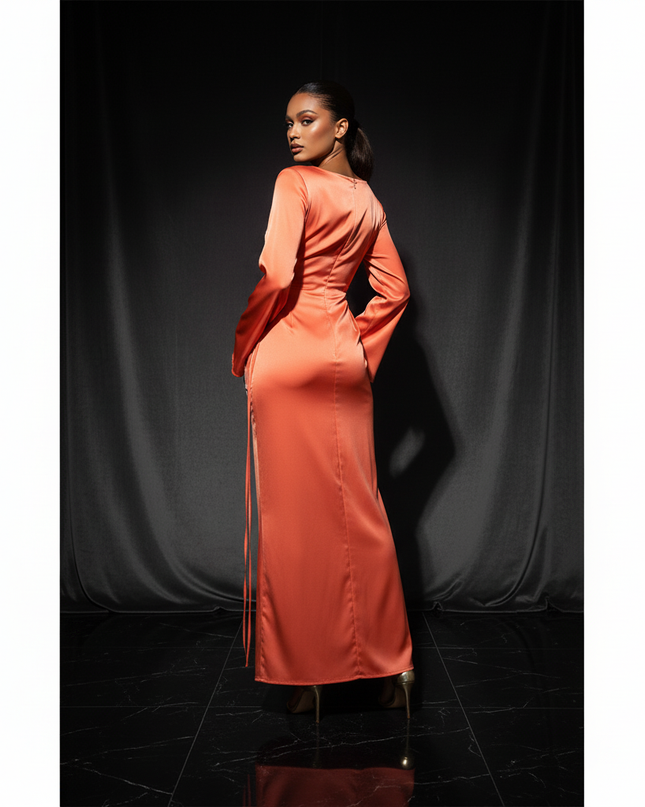 Satin Kleid Orange - Satin Abendkleid Flatteraermel Braun - Slim Lang Elegant - Ansicht 2