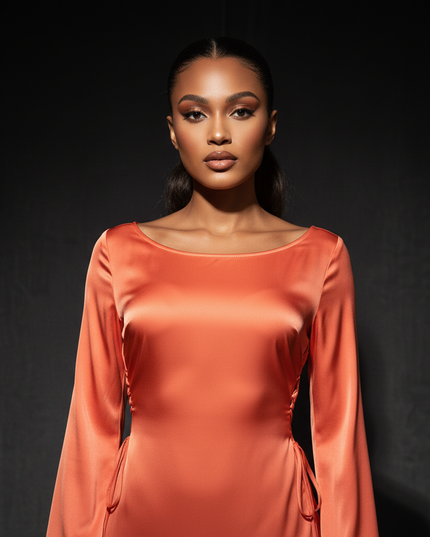 Satin Kleid Orange - Satin Abendkleid Flatteraermel Braun - Slim Lang Elegant - Ansicht 4