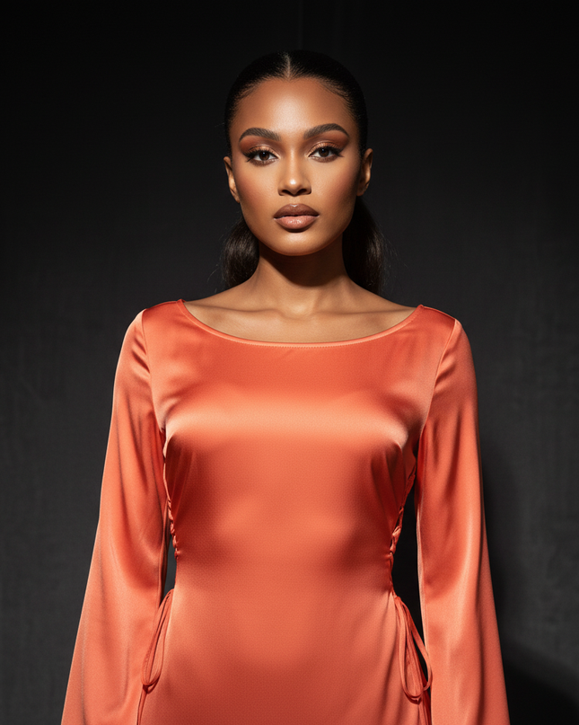 Satin Kleid Orange - Satin Abendkleid Flatteraermel Braun - Slim Lang Elegant - Ansicht 4