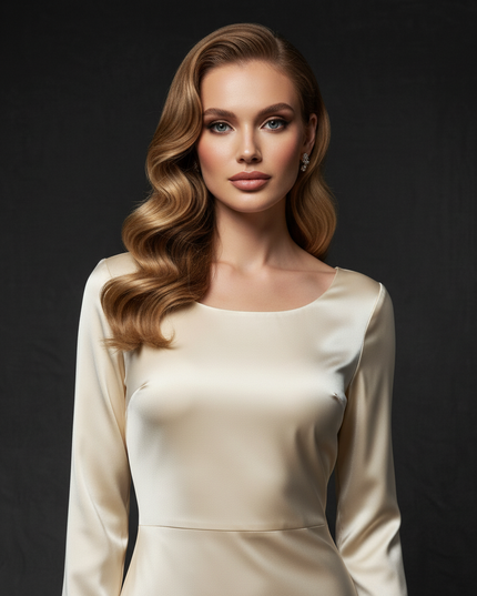 Satin Kleid Cream - Satin Abendkleid Flatteraermel Champagner - Lang Slim - Ansicht 4