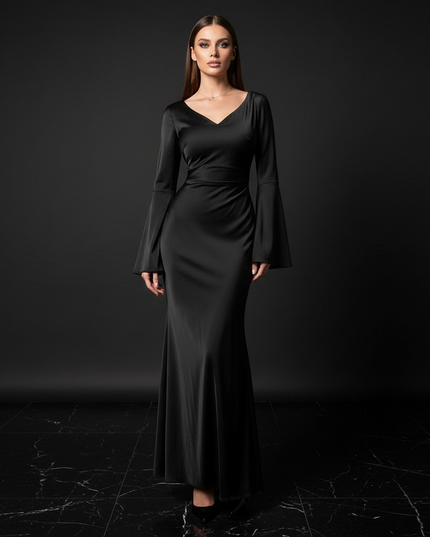 Satin Kleid Black - Satin Abendkleid Flatteraermel Schwarz - Slim Fit Lang - Ansicht 1