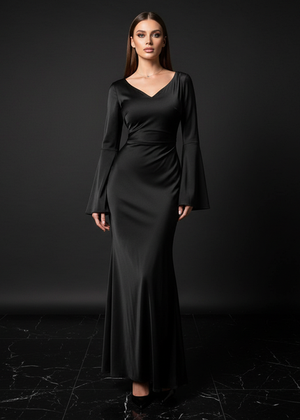 Satin Kleid Black - Satin Abendkleid Flatteraermel Schwarz - Slim Fit Lang - Ansicht 1