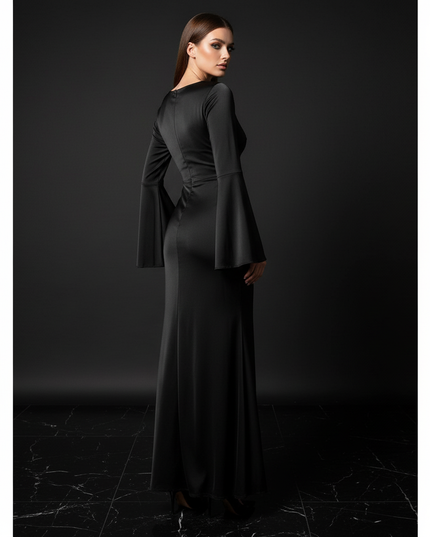 Satin Kleid Black - Satin Abendkleid Flatteraermel Schwarz - Slim Fit Lang - Ansicht 2