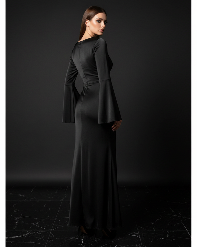 Satin Kleid Black - Satin Abendkleid Flatteraermel Schwarz - Slim Fit Lang - Ansicht 2