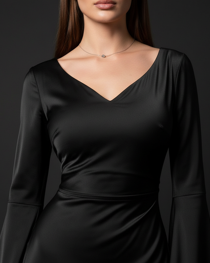 Satin Kleid Black - Satin Abendkleid Flatteraermel Schwarz - Slim Fit Lang - Ansicht 4