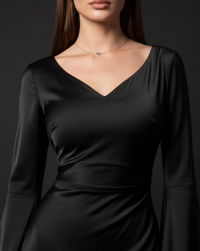 Satin Kleid Black - Satin Abendkleid Flatteraermel Schwarz - Slim Fit Lang - Ansicht 4