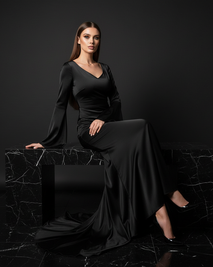 Satin Kleid Black - Satin Abendkleid Flatteraermel Schwarz - Slim Fit Lang - Ansicht 5