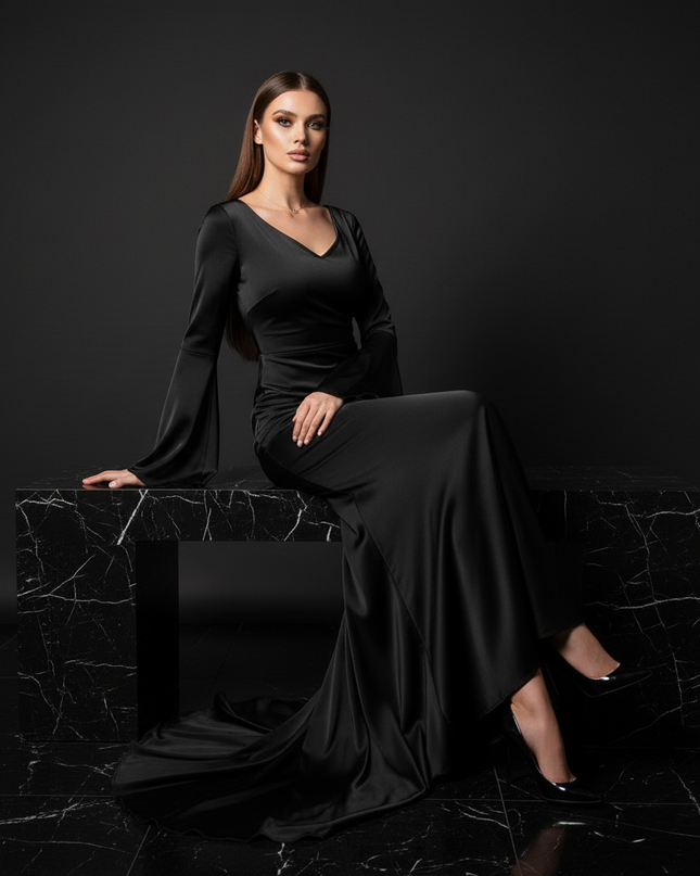 Satin Kleid Black - Satin Abendkleid Flatteraermel Schwarz - Slim Fit Lang - Ansicht 5