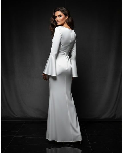 Satin Kleid White - Satin Abendkleid Flatteraermel Weiss - Lang Elegant - Ansicht 2