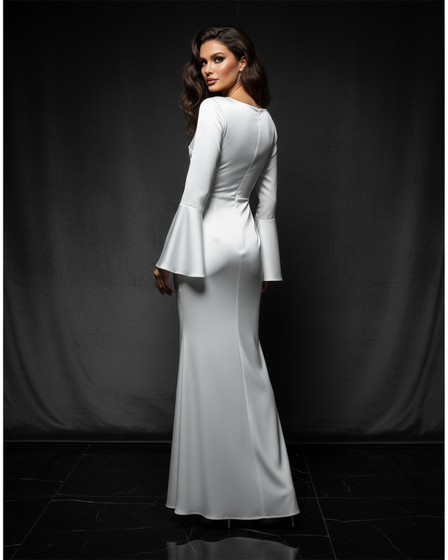 Satin Kleid White - Satin Abendkleid Flatteraermel Weiss - Lang Elegant - Ansicht 2