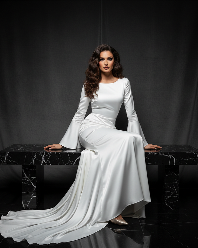 Satin Kleid White - Satin Abendkleid Flatteraermel Weiss - Lang Elegant - Ansicht 5