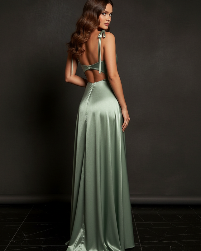Satin Kleid - Satin Abendkleid Flieder - Lang Spaghettitraeger - Ansicht 2