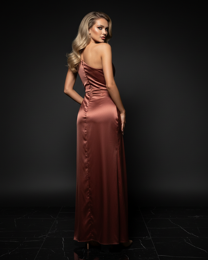 Satin Kleid - Satin Abendkleid Gala Rot - One-Shoulder mit Schlitz - Ansicht 2