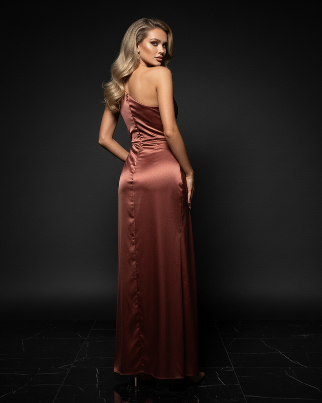 Satin Kleid - Satin Abendkleid Gala Rot - One-Shoulder mit Schlitz - Ansicht 2