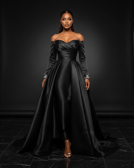 Satin Kleid Black - Satin Abendkleid Gala Schwarz - Ballkleid mit Perlen - Ansicht 1