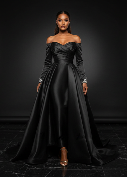 Satin Kleid Black - Satin Abendkleid Gala Schwarz - Ballkleid mit Perlen - Ansicht 1