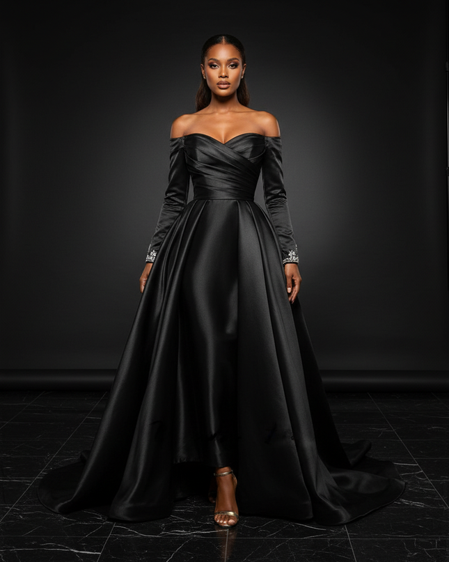 Satin Kleid Black - Satin Abendkleid Gala Schwarz - Ballkleid mit Perlen - Ansicht 1