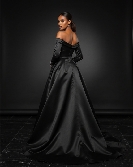 Satin Kleid Black - Satin Abendkleid Gala Schwarz - Ballkleid mit Perlen - Ansicht 2