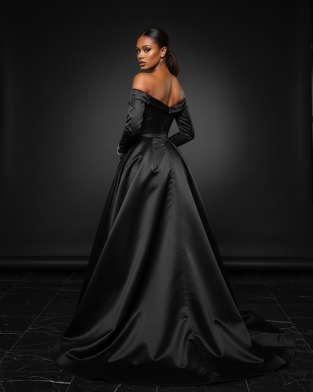 Satin Kleid Black - Satin Abendkleid Gala Schwarz - Ballkleid mit Perlen - Ansicht 2