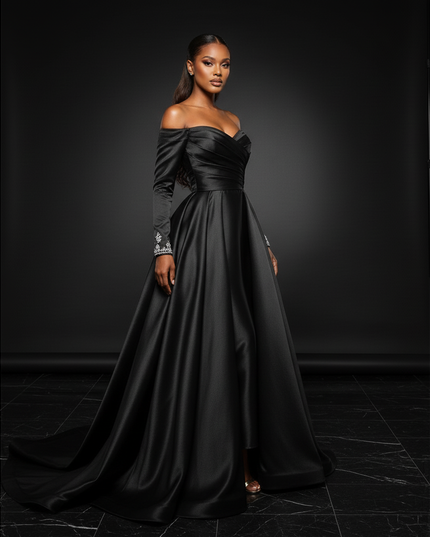 Satin Kleid Black - Satin Abendkleid Gala Schwarz - Ballkleid mit Perlen - Ansicht 3