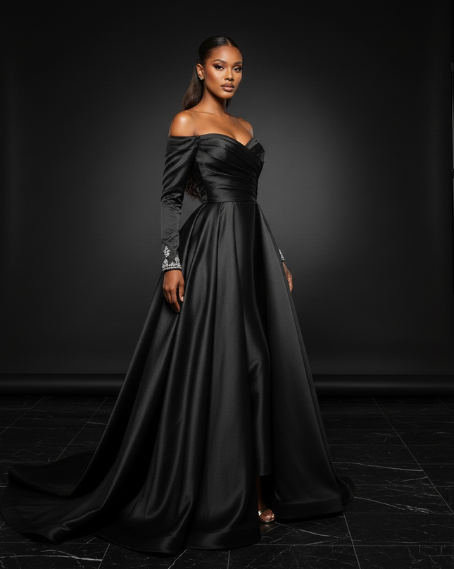 Satin Kleid Black - Satin Abendkleid Gala Schwarz - Ballkleid mit Perlen - Ansicht 3