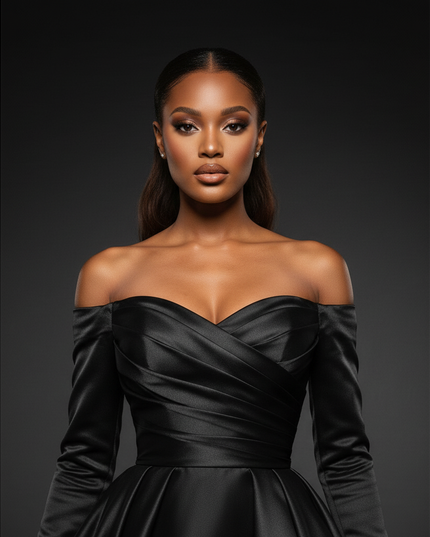 Satin Kleid Black - Satin Abendkleid Gala Schwarz - Ballkleid mit Perlen - Ansicht 4