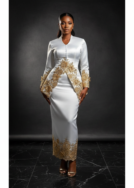 Satinkleid weiss - Weisses Satin Gala Abendkleid Spitze - Ansicht 1
