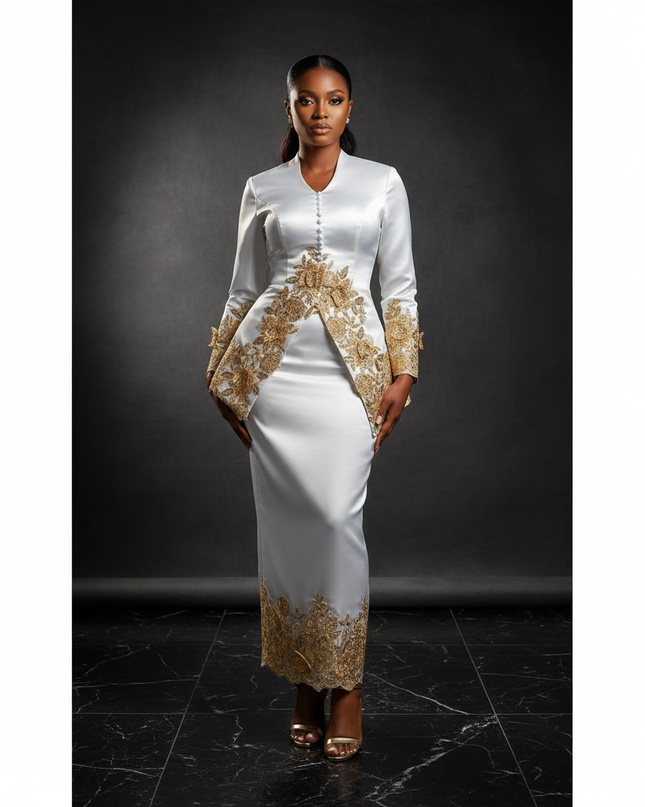 Satinkleid weiss - Weisses Satin Gala Abendkleid Spitze - Ansicht 1