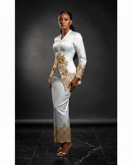 Satinkleid weiss - Weisses Satin Gala Abendkleid Spitze - Ansicht 3