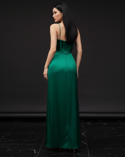 Satin Kleid - Satin Abendkleid Gala Gruen - Corsage Schlitz Bodenlang - Ansicht 2