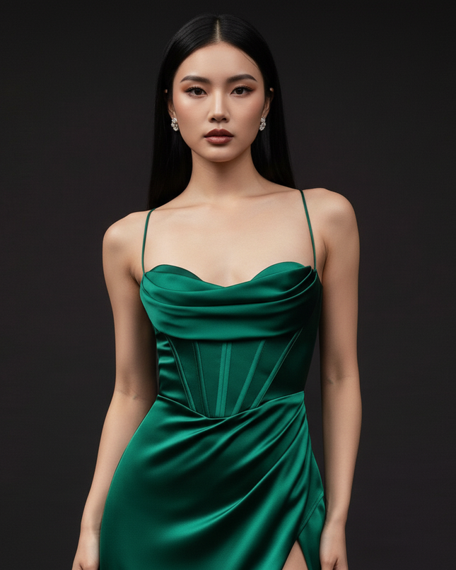 Satin Kleid - Satin Abendkleid Gala Gruen - Corsage Schlitz Bodenlang - Ansicht 4