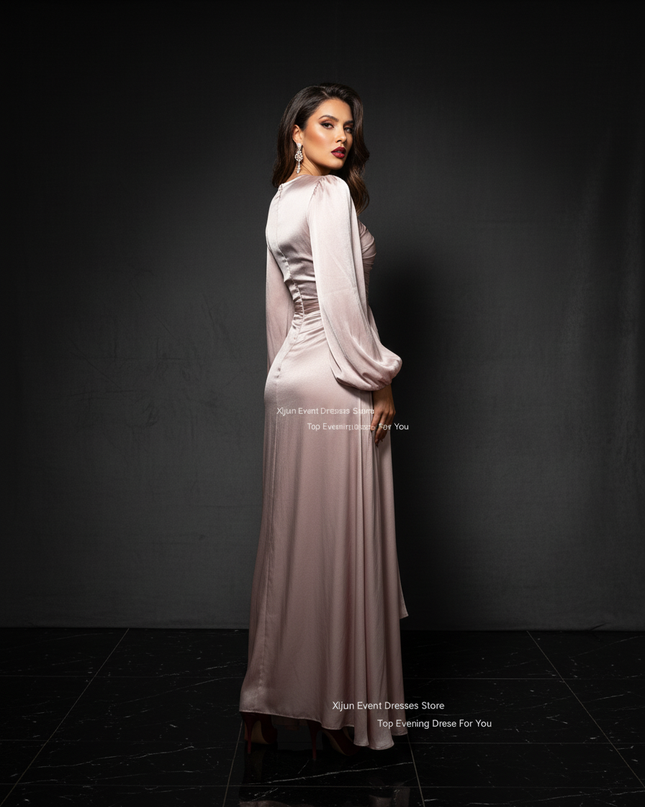 Satin Kleid - Satin Abendkleid Gerafft - Kaftan-Stil Bodenlang - Ansicht 2