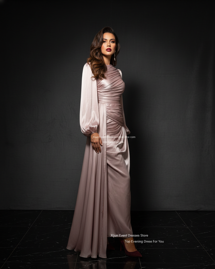 Satin Kleid - Satin Abendkleid Gerafft - Kaftan-Stil Bodenlang - Ansicht 3