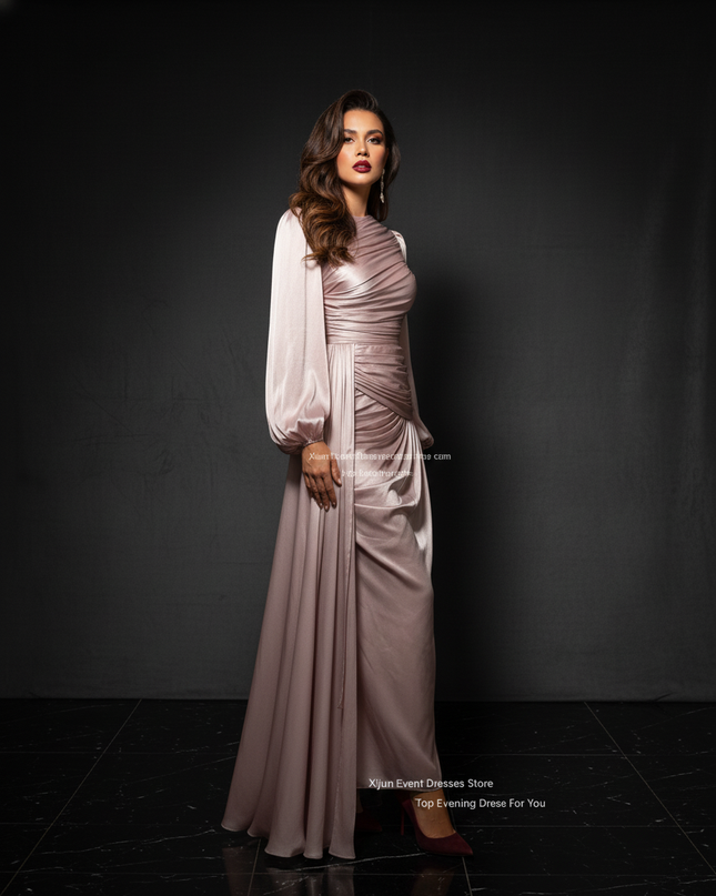 Satin Kleid - Satin Abendkleid Gerafft - Kaftan-Stil Bodenlang - Ansicht 3