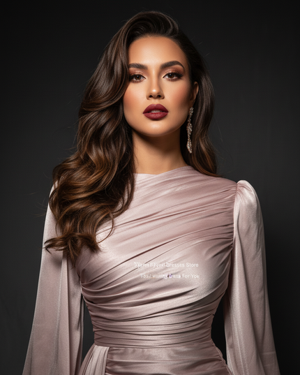 Satin Kleid - Satin Abendkleid Gerafft - Kaftan-Stil Bodenlang - Ansicht 4