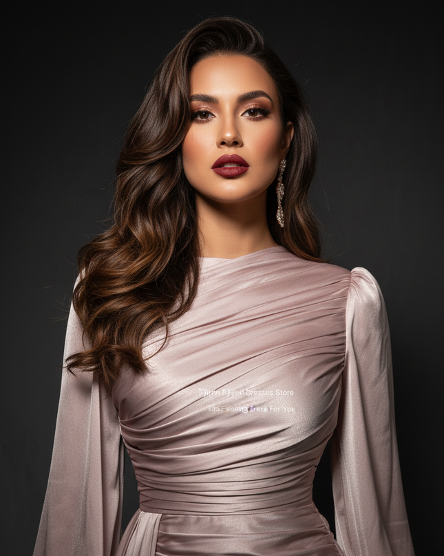 Satin Kleid - Satin Abendkleid Gerafft - Kaftan-Stil Bodenlang - Ansicht 4