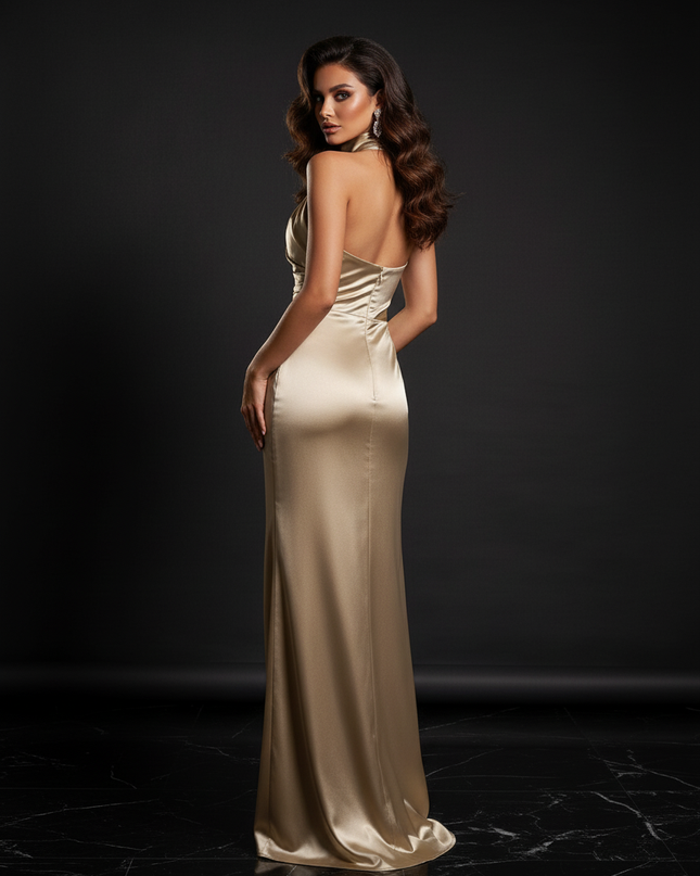 Satin Kleid - Satin Abendkleid Gold - Langes Halterkleid - Ansicht 2