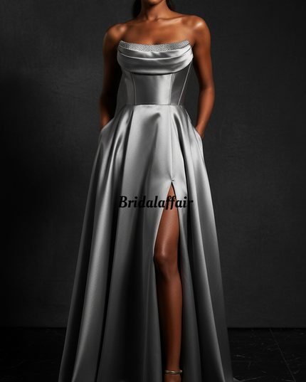 Satin Kleid Silver - Satin Abendkleid Grau - Korsett Traegerlos mit Schlitz - Ansicht 1