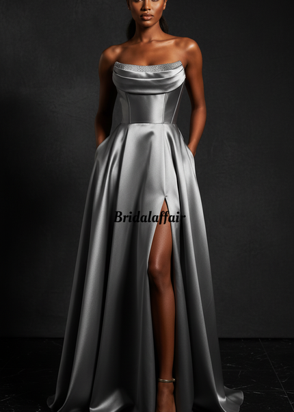 Satin Kleid Silver - Satin Abendkleid Grau - Korsett Traegerlos mit Schlitz - Ansicht 1