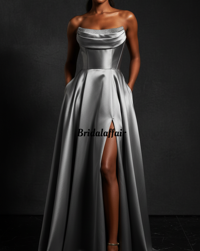 Satin Kleid Silver - Satin Abendkleid Grau - Korsett Traegerlos mit Schlitz - Ansicht 1