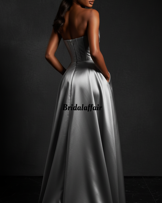 Satin Kleid Silver - Satin Abendkleid Grau - Korsett Traegerlos mit Schlitz - Ansicht 2