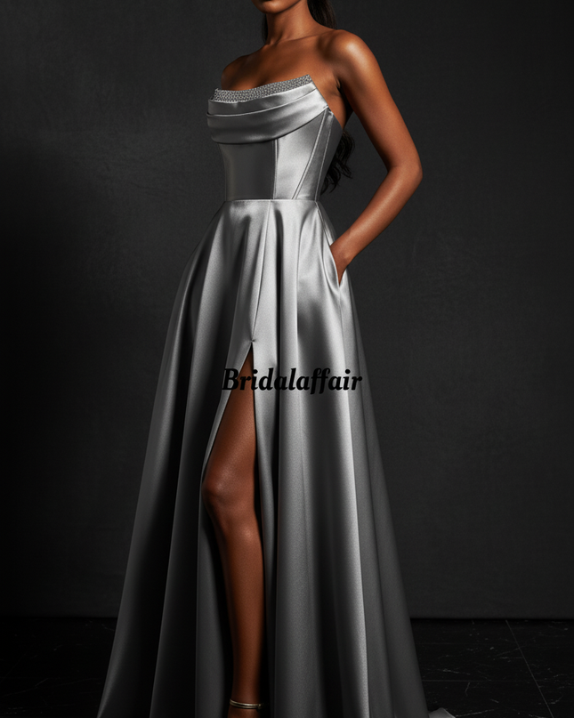 Satin Kleid Silver - Satin Abendkleid Grau - Korsett Traegerlos mit Schlitz - Ansicht 3