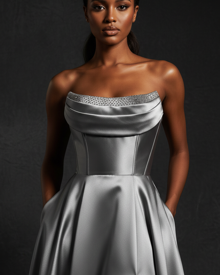 Satin Kleid Silver - Satin Abendkleid Grau - Korsett Traegerlos mit Schlitz - Ansicht 4