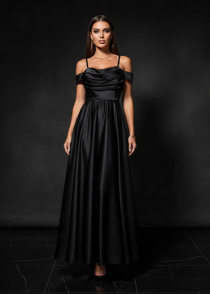 Satin Kleid - Satin Abendkleid Gruen - Off-Shoulder Maxi Schlitz - Ansicht 1